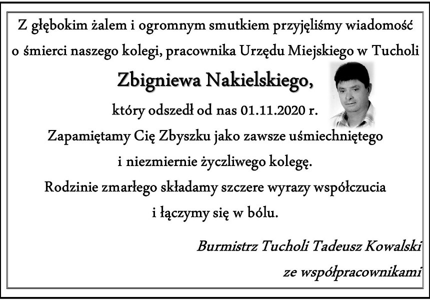 Na zdjęciu tekst kondolencji oraz fotografia zmarłego Zbigniewa Nakielskiego
