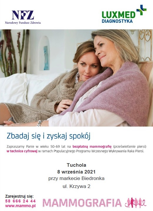 plakat z zawartą informacją na temat badań mammograficznych