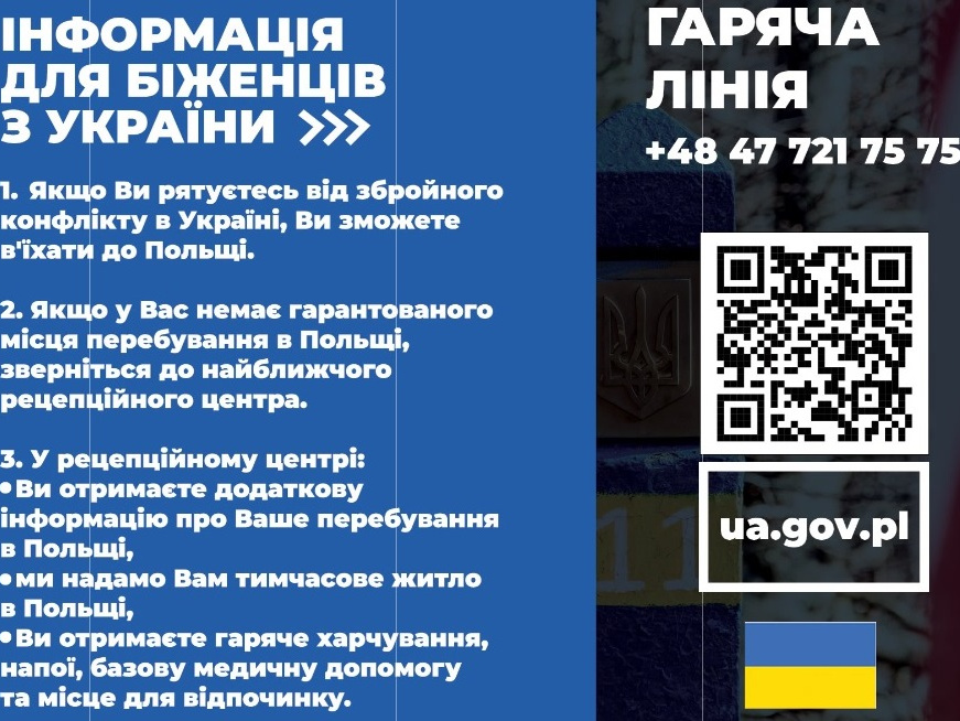 ulotka przedstawia informacje w języku ukraińskim skierowane do uchodźców z Ukrainy