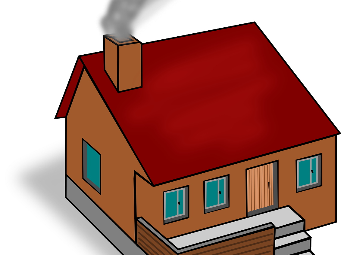 Grafika przedstawia dom jednorodzinny z dymiącym kominem, fot. Pixabay