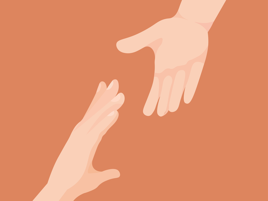 Grafika przedstawia dwie dłonie, które są skierowane na przeciwko siebie