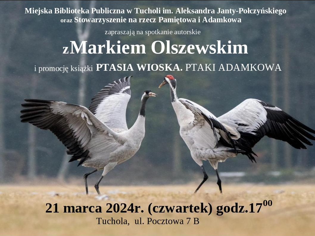 Plakat przedstawia dwa ptaki i informację o spotkaniu. Ta jest zawarta w treści artykułu