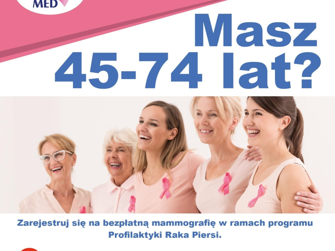 Masz od 45 do 74 lat? Zarejestruj się na bezpłatną mammografię w ramach programu Profilaktyki Raka Piersi. Program NFZ adresowany jest do kobiet, które nie miały wykonywanej mammografii w ciągu ostatnich dwóch lat.  Badania mammograficzne odbędą się 23 maja br. (czwartek) w godzinach 14:00 – 16:30 przy Ośrodku Sportu i Rekreacji w Tucholi, ul. Warszawska 17. Rejestracja telefoniczna pod numerami: 61 222 37 00, 583 257 602 lub za pośrednictwem formularza dostępnego na stronie internetowej https://www.mammo-m
