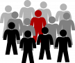 Grafika przedstawia grupę czarnych, szarych i jednej czerwonej postaci ludzkiej