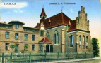 Archiwalna pocztówka przedstawiająca szpital i kaplicę