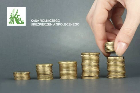 Grafika przedstawia monety, logo KRUS i napis: świadczenia