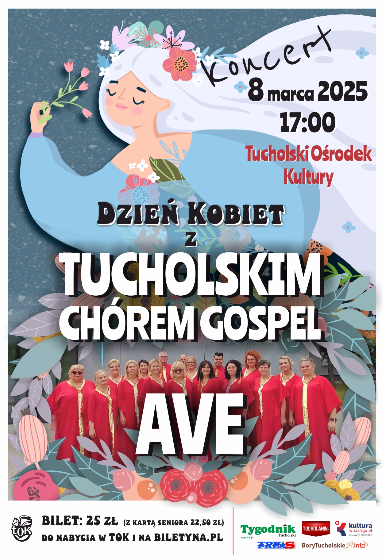 Plakat przedstawia informacje o koncercie z okazji Dnia Kobiet w Tucholskim Ośrodku Kultury