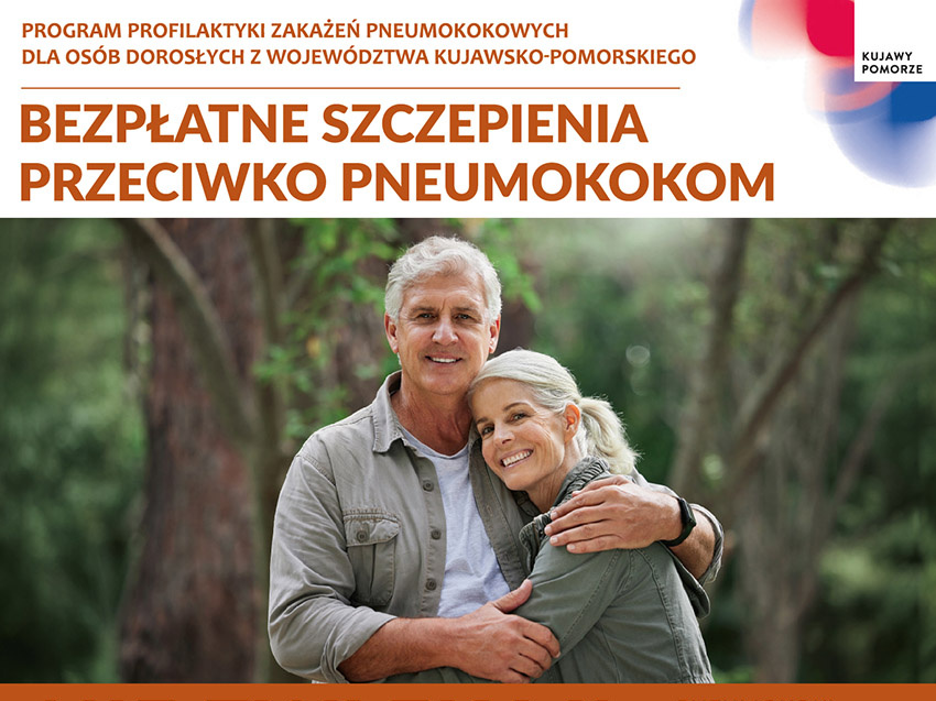 Plakat przedstwyaia parę seniorów oraz listę gmin, ktore przystąpiły do programu szczepień