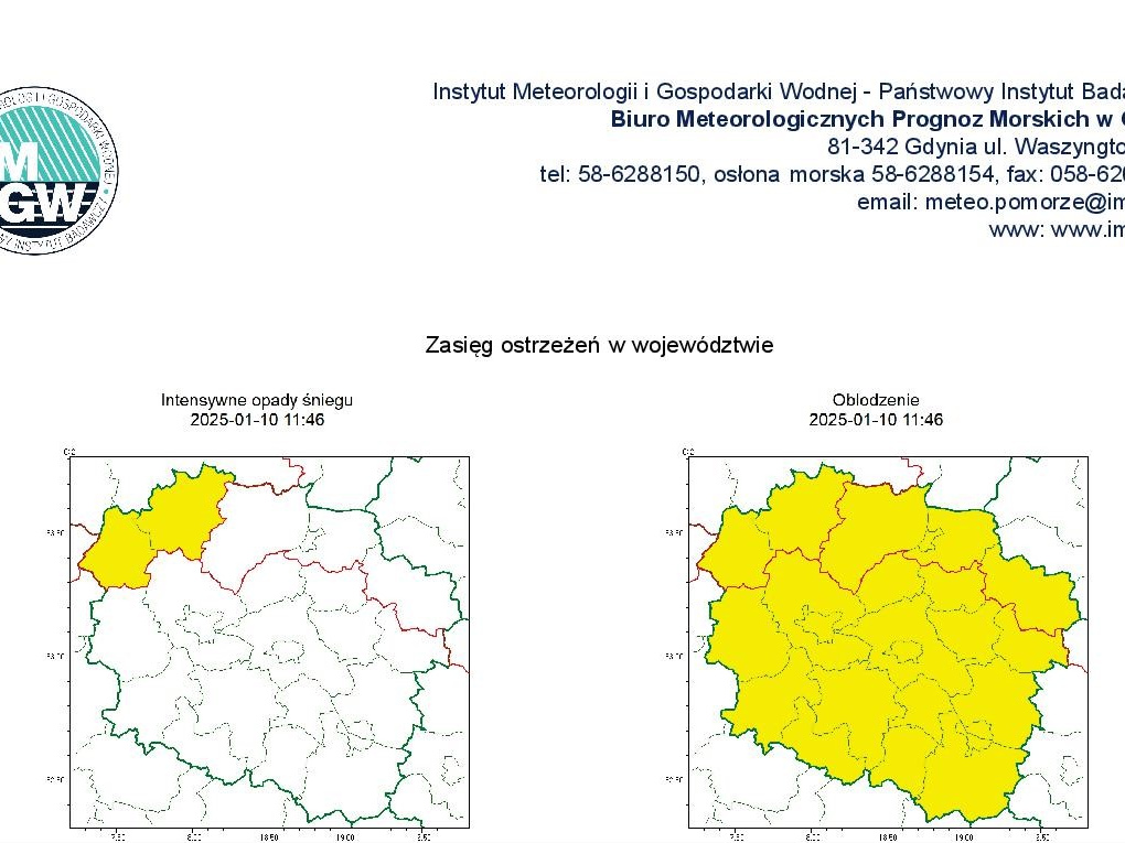 Grafika przedstawia mapę Polski z zaznaczonymi obszarami objętymi ostrzeżeniami