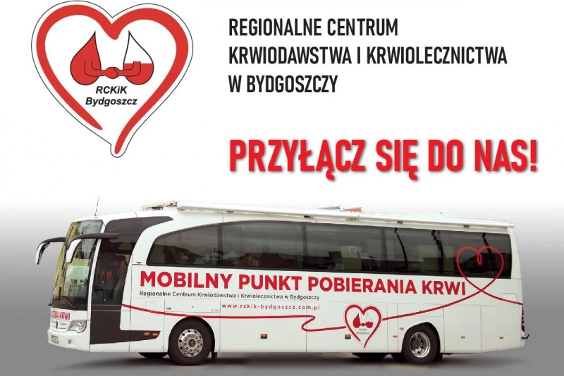 Plakat informacyjny ze zdjęciem krwiobusa. Jego treść jest zawarta w artykule