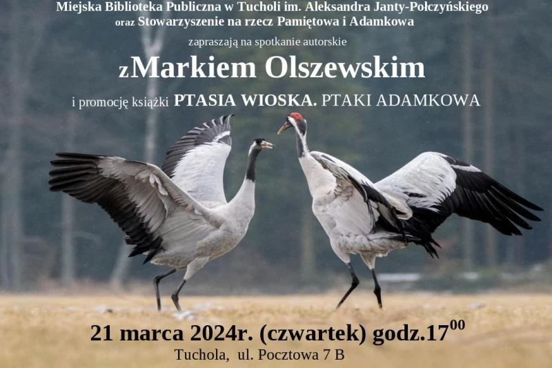 Plakat przedstawia dwa ptaki i informację o spotkaniu. Ta jest zawarta w treści artykułu