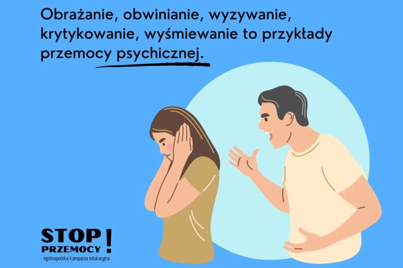 Grafika przedstawia mężczyznę, który krzyczy na kobietę. I tekst: przemoc nie musi być tylko fizyczna. Obrażanie, obwinianie, wyzywanie, krytykowanie, wyśmiewanie to przykłady przemocy psychicznej