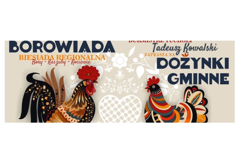 Grafika przedstawia koguta i kurę oraz nazwy imprez: Dożynki gminne i Borowiada